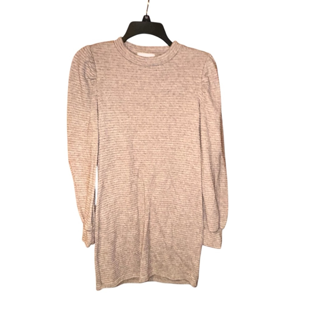 Sadie & Sage Sweater Dress Ribbed Knit Beige Small USA Made Puff Sleeve Cozy